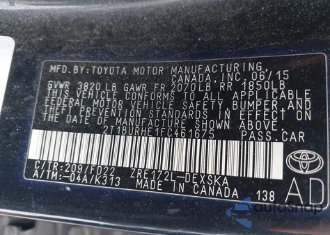 2015 Toyota Corolla S Plus из США, поврежденный, VIN 2T1BURHE1FC461675